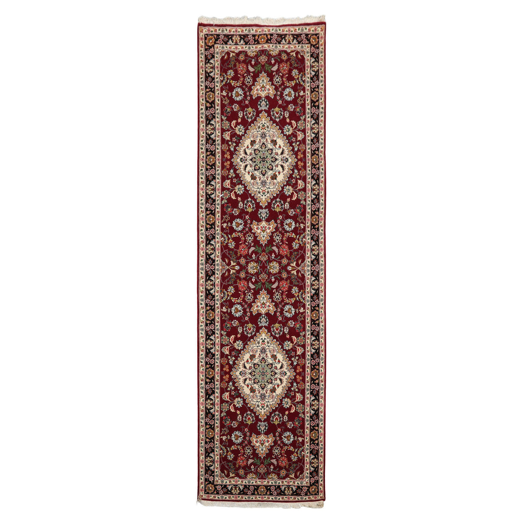 Runner Maroon, Black, Ivory Color Hand Knotted Tabriz Wool & Silk Traditional Oriental Rug