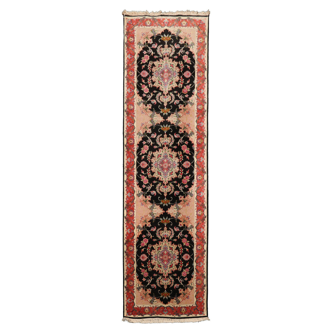 Runner Black, Peach, Coral Color Hand Knotted Tabriz Wool & Silk Traditional Oriental Rug