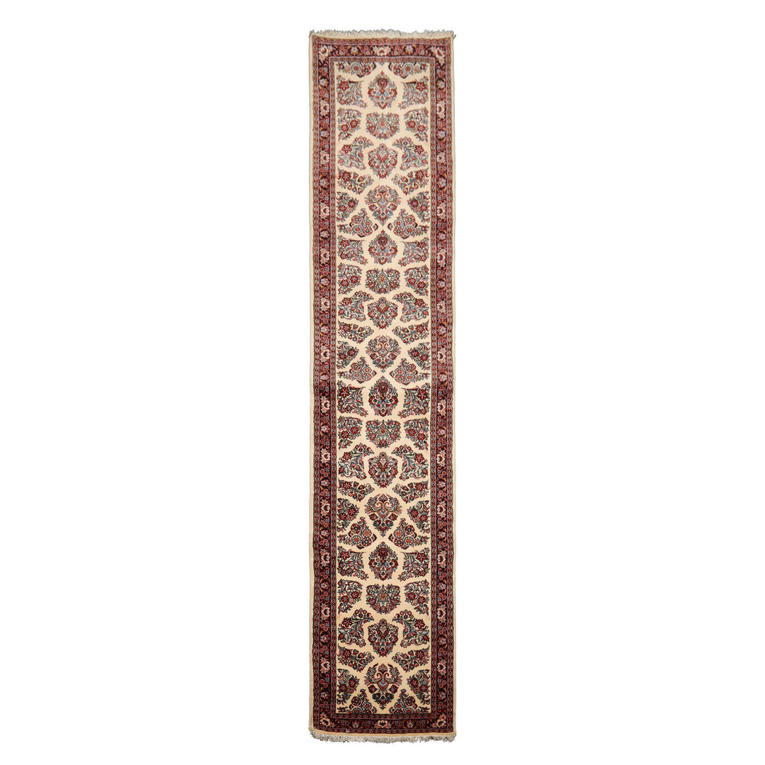 Runner Ivory, Black, Rust Color Hand Knotted Sarouk Wool Traditional Oriental Rug