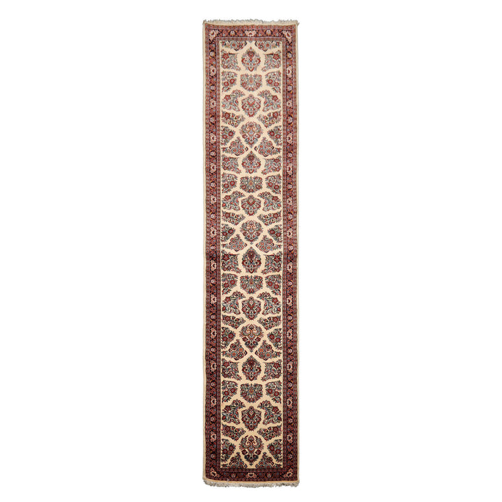 Runner Ivory, Black, Rust Color Hand Knotted Sarouk Wool Traditional Oriental Rug