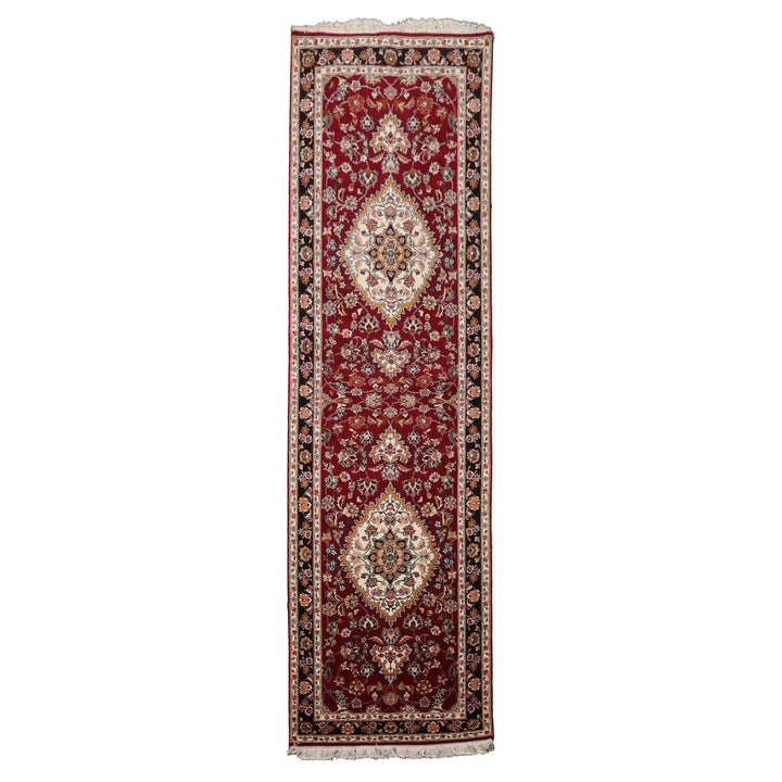 Runner Burgundy, Black, Ivory Color Hand Knotted Tabriz Wool & Silk Traditional Oriental Rug