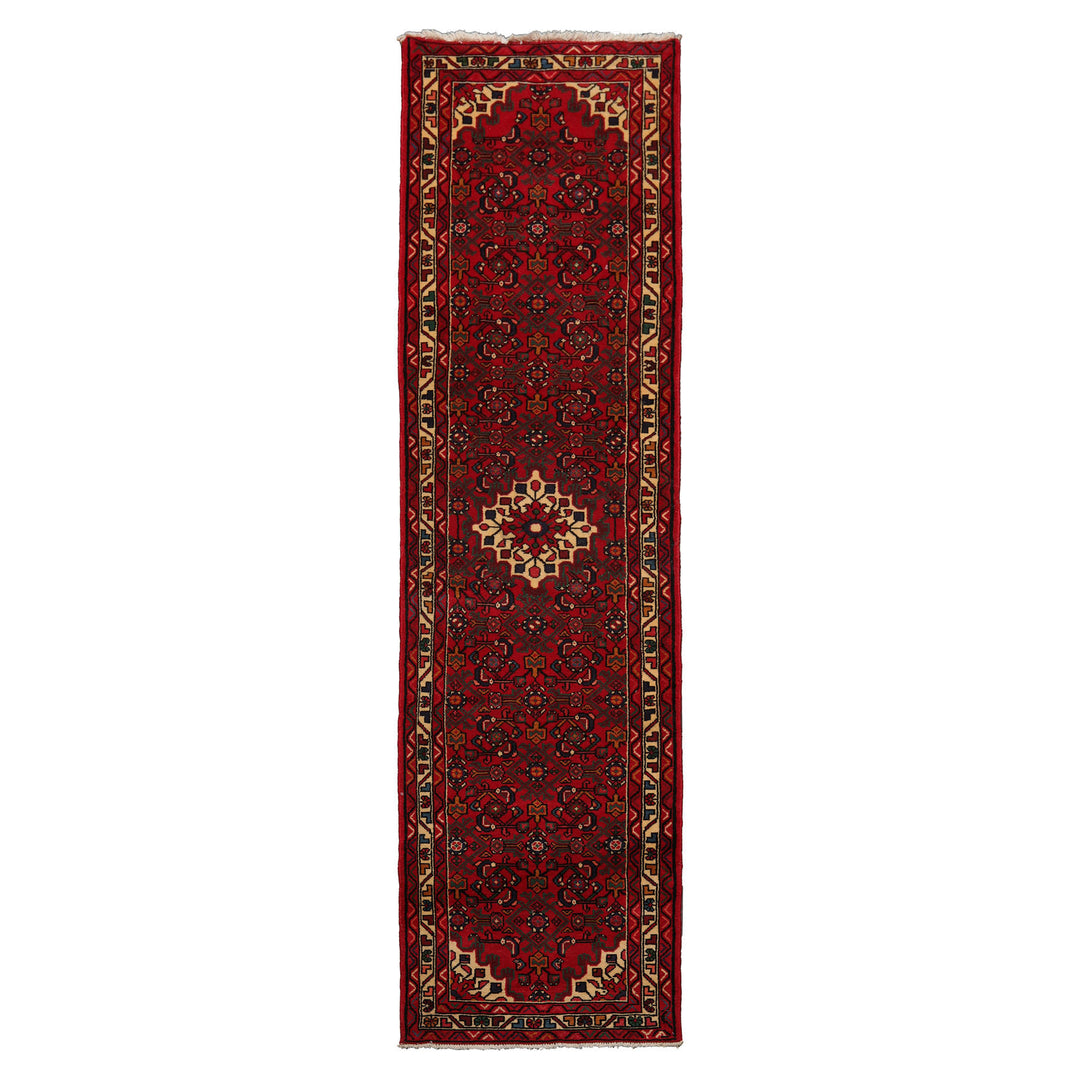 Runner Red, Ivory, Green Color Hand Knotted Hamedan Wool Traditional Oriental Rug