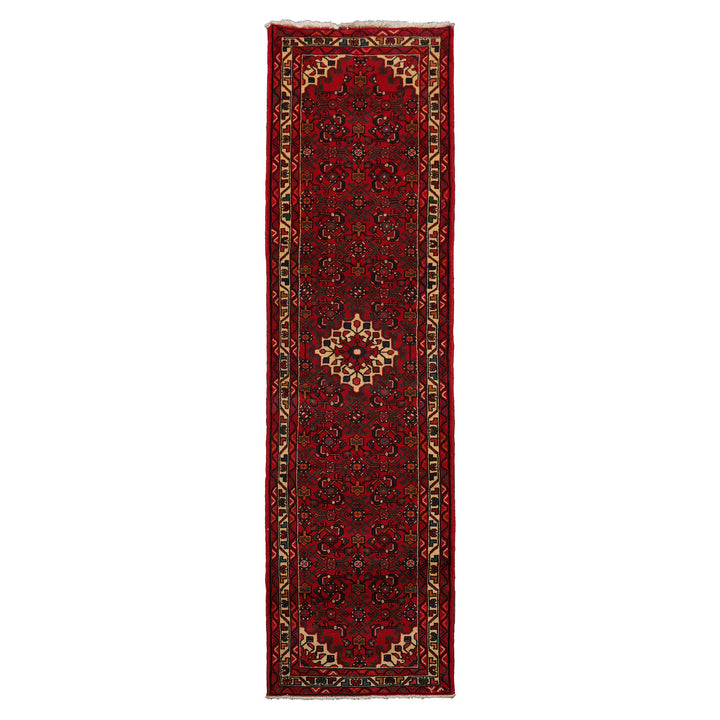 Runner Red, Ivory, Green Color Hand Knotted Hamedan Wool Traditional Oriental Rug