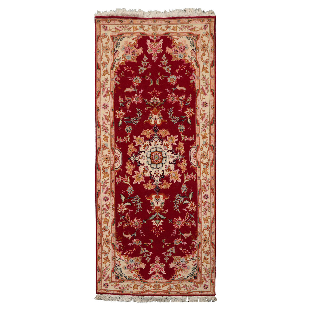 Runner Fuschia, Ivory, Pink Color Hand Knotted Tabriz Wool & Silk Traditional Oriental Rug