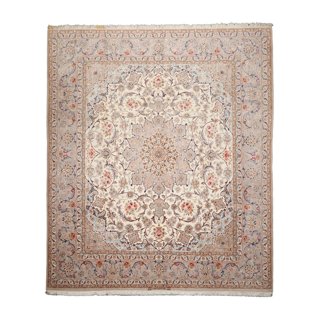 8x10 Ivory, Taupe, Navy Color Hand Knotted Isfahan Wool & Silk Traditional Oriental Rug