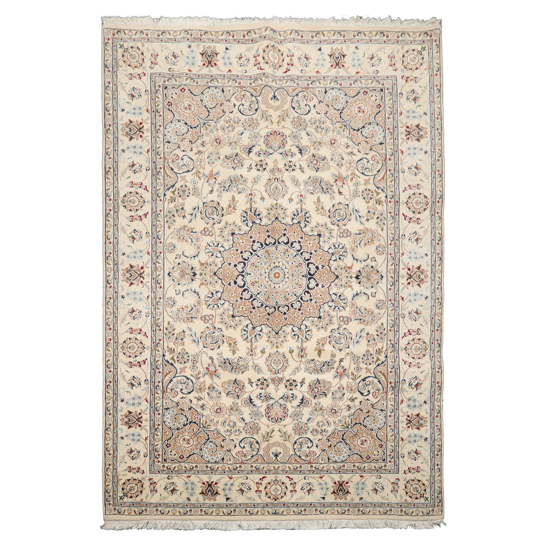 6x9 Ivory, Tan, Navy Color Hand Knotted Nain Wool & Silk Traditional Oriental Rug