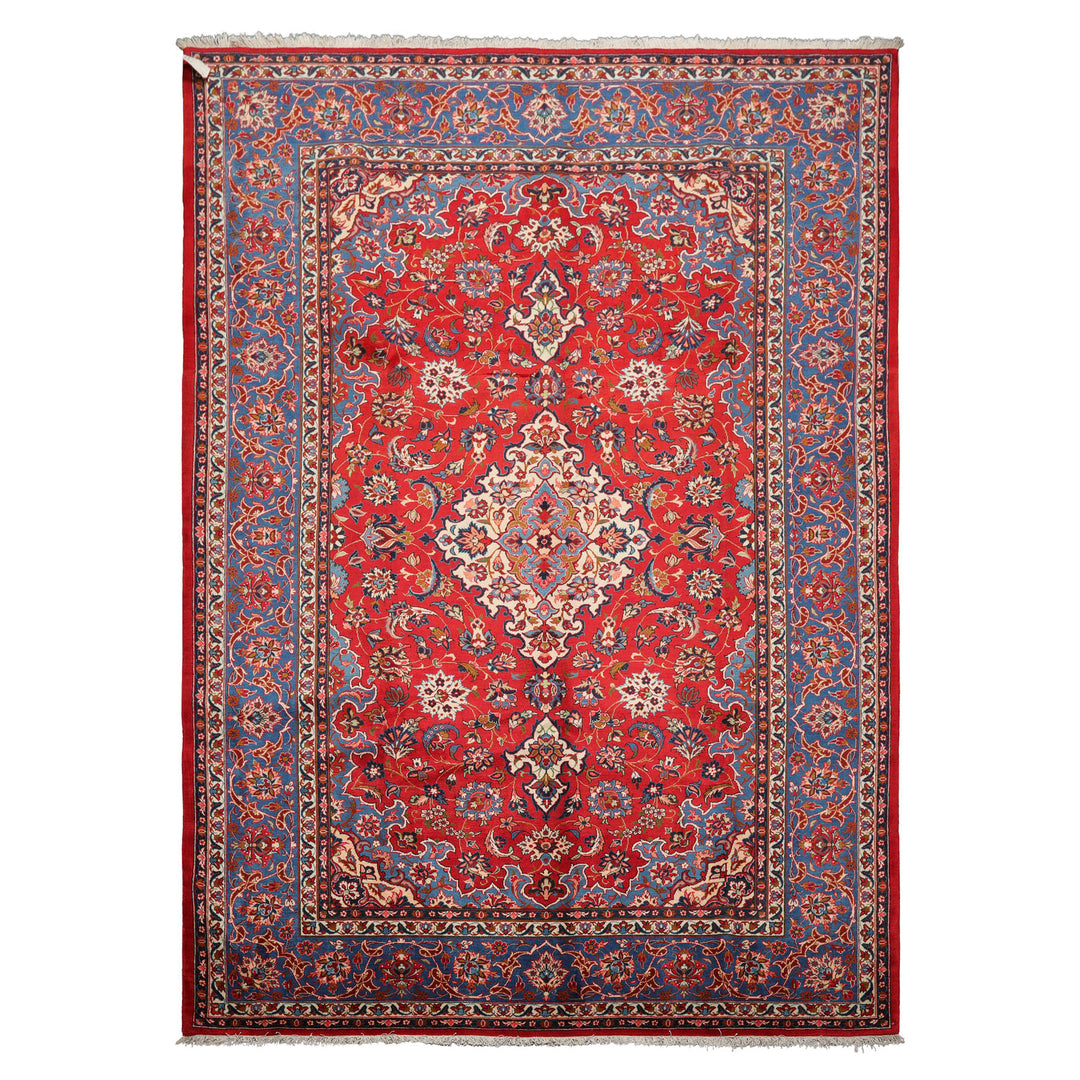 7x10 Red, Blue, Navy Color Hand Knotted Isfahan Wool Traditional Oriental Rug