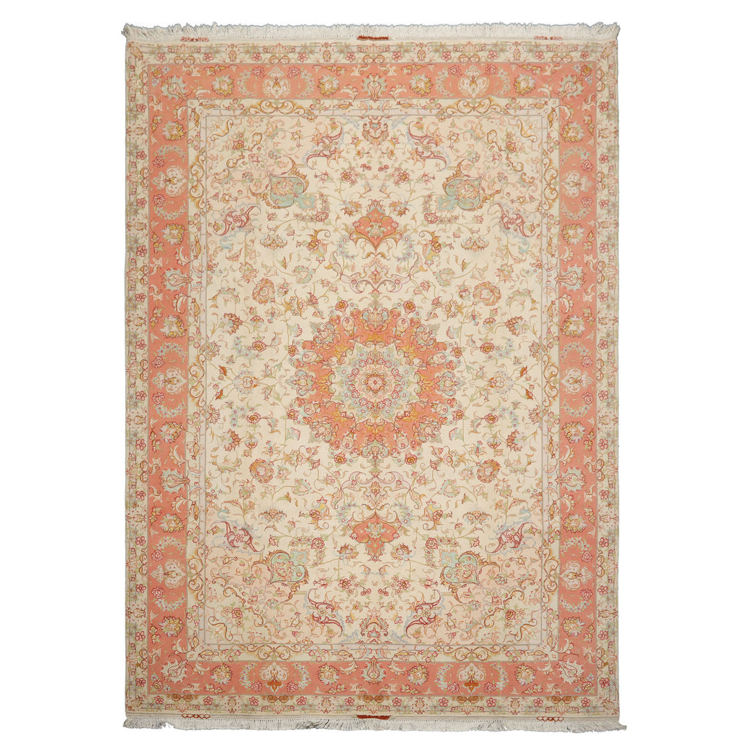 6x10 Ivory, Rose, Lime Color Hand Knotted Tabriz Wool & Silk Traditional Oriental Rug
