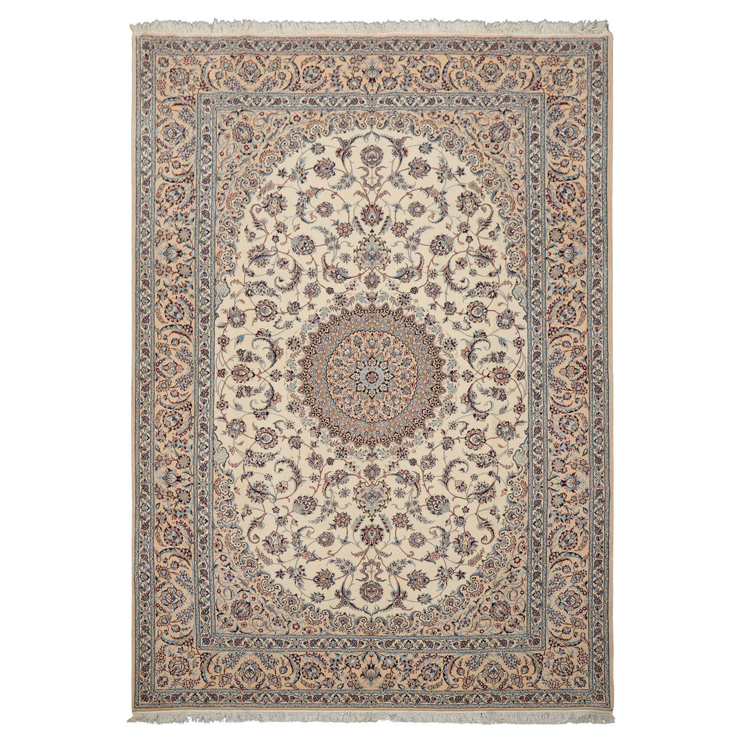 7x10 Ivory, Peach, Blue Color Hand Knotted Nain Wool & Silk Traditional Oriental Rug