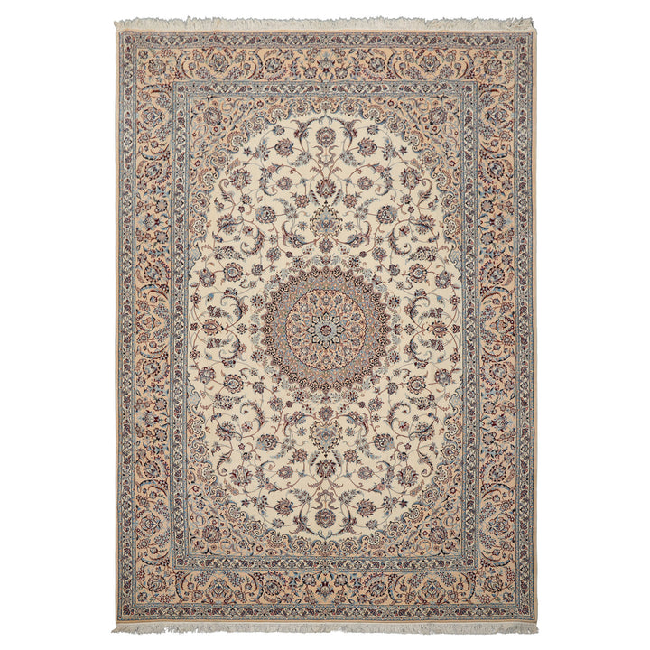 7x10 Ivory, Peach, Blue Color Hand Knotted Nain Wool & Silk Traditional Oriental Rug