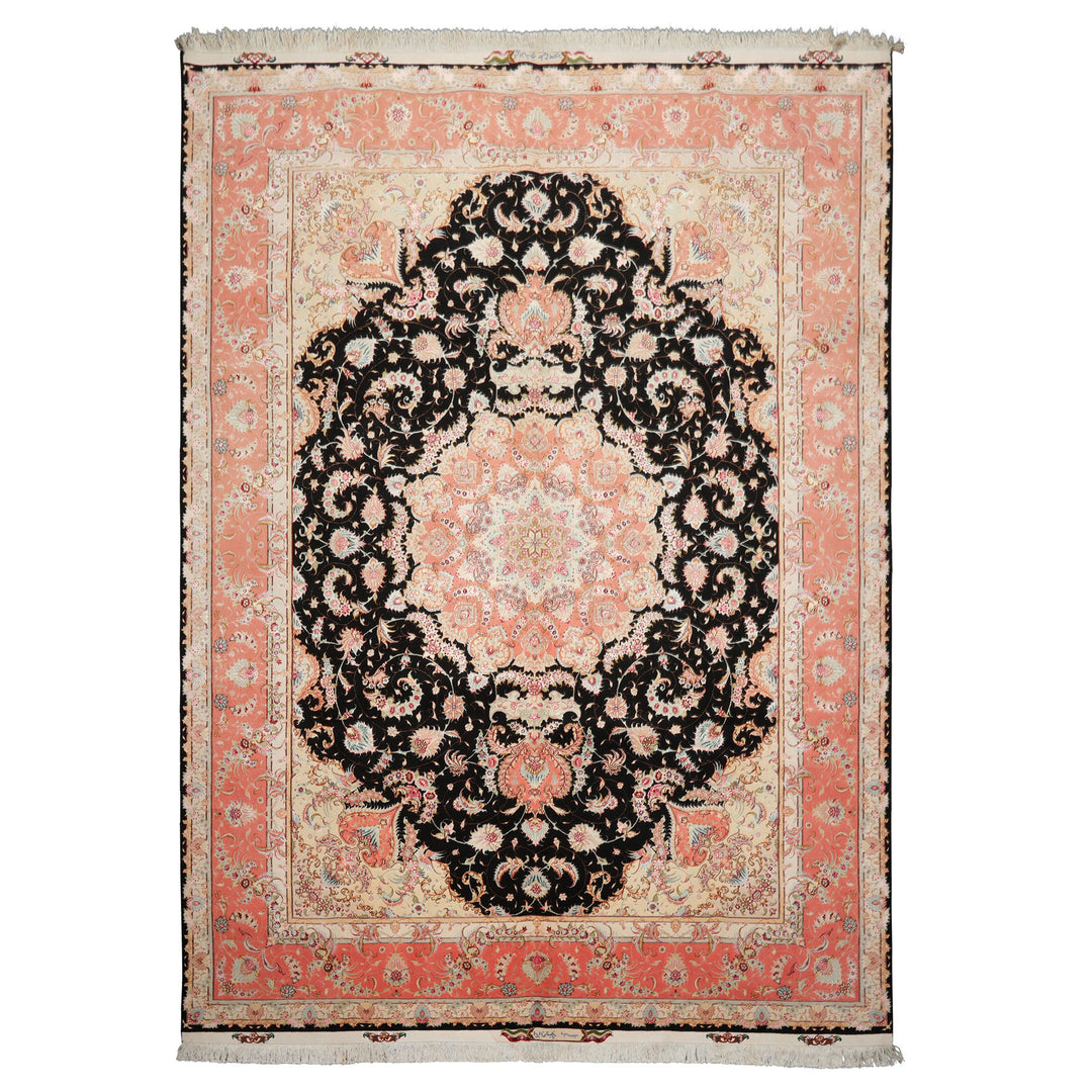 8x11 Black, Rose, Ivory Color Hand Knotted Tabriz Wool & Silk Traditional Oriental Rug