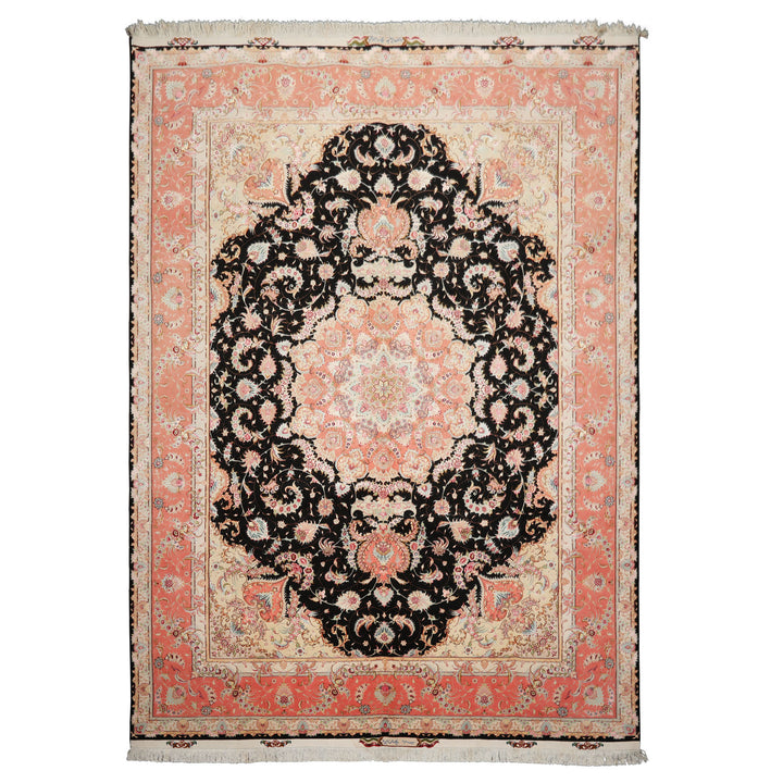 8x11 Black, Rose, Ivory Color Hand Knotted Tabriz Wool & Silk Traditional Oriental Rug