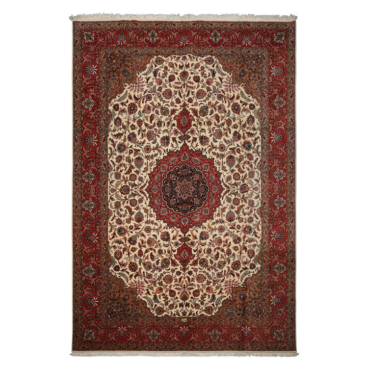 8x12 Ivory, Rose, Tan Color Hand Knotted Tabriz Wool Traditional Oriental Rug