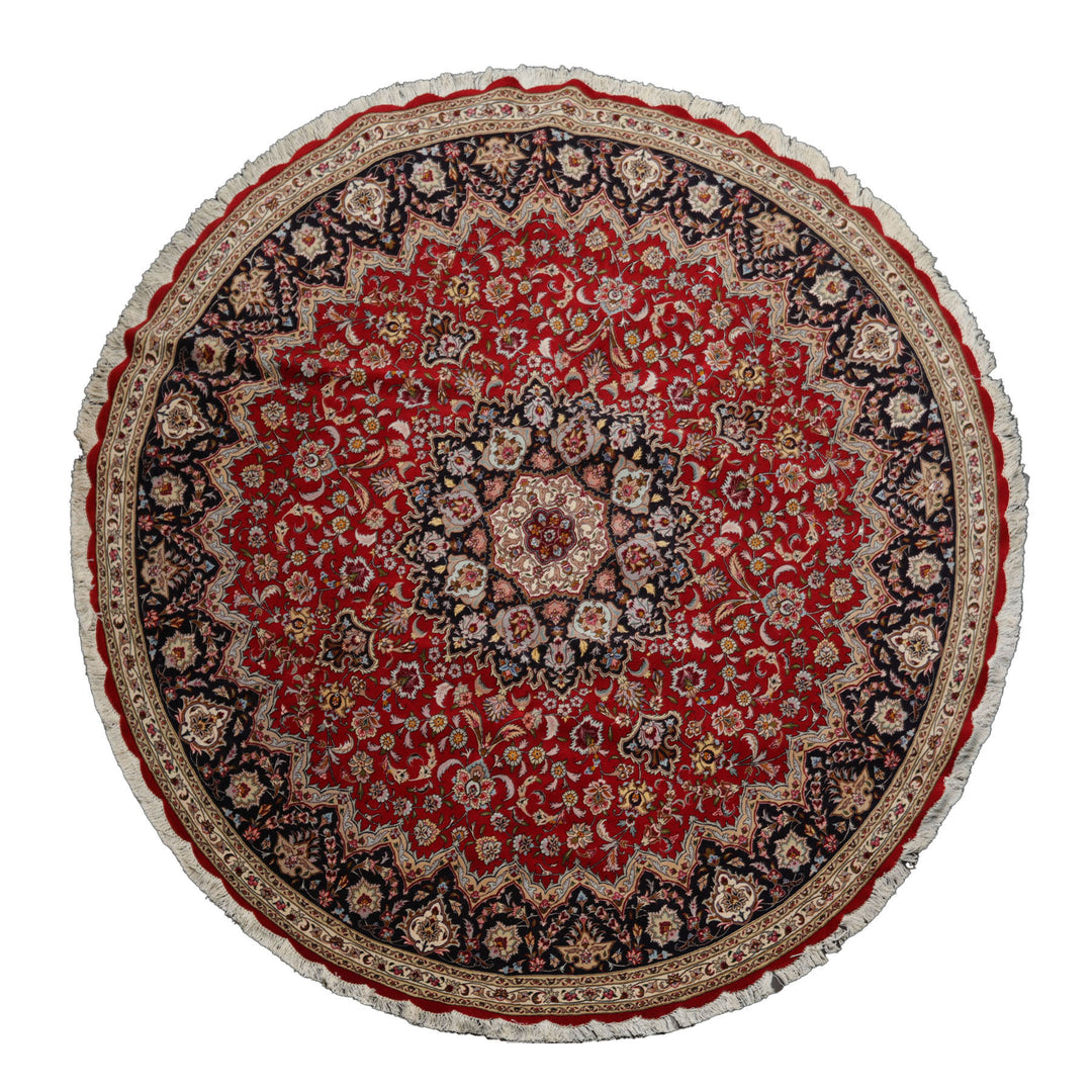Round Red, Navy, Ivory Color Hand Knotted Tabriz Wool Traditional Oriental Rug