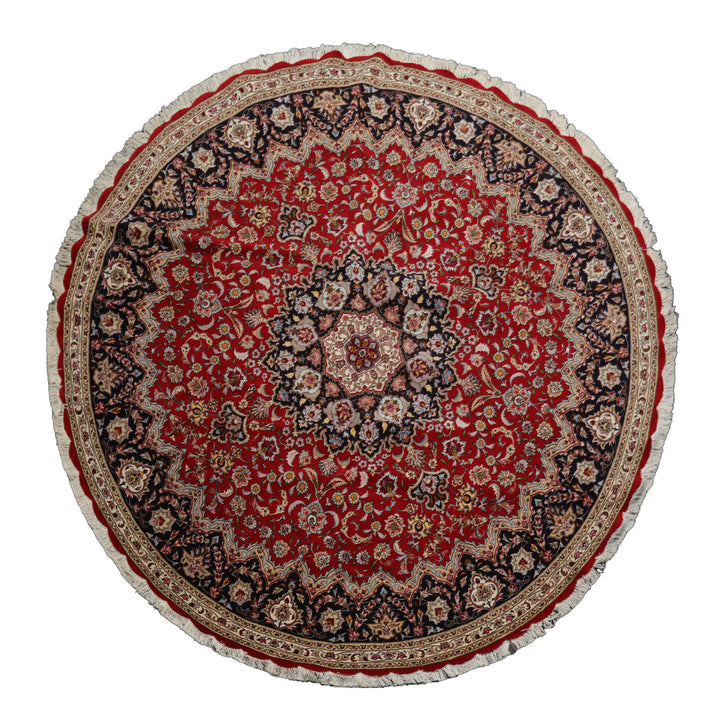 Round Red, Navy, Ivory Color Hand Knotted Tabriz Wool Traditional Oriental Rug