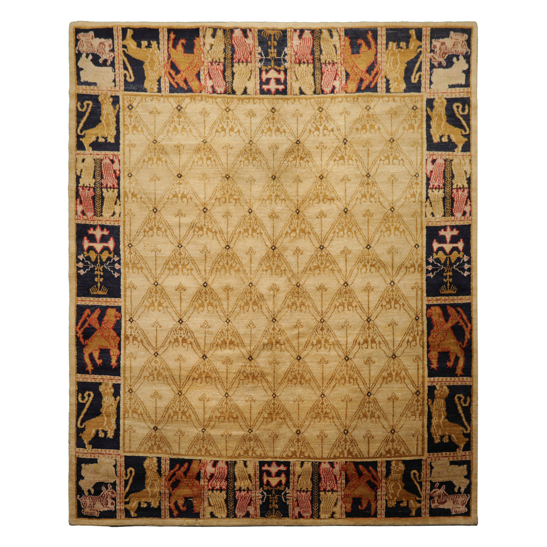 8x10 Beige, Gold, Midnight Blue Color Hand Knotted Tibetan Wool Transitional Oriental Rug