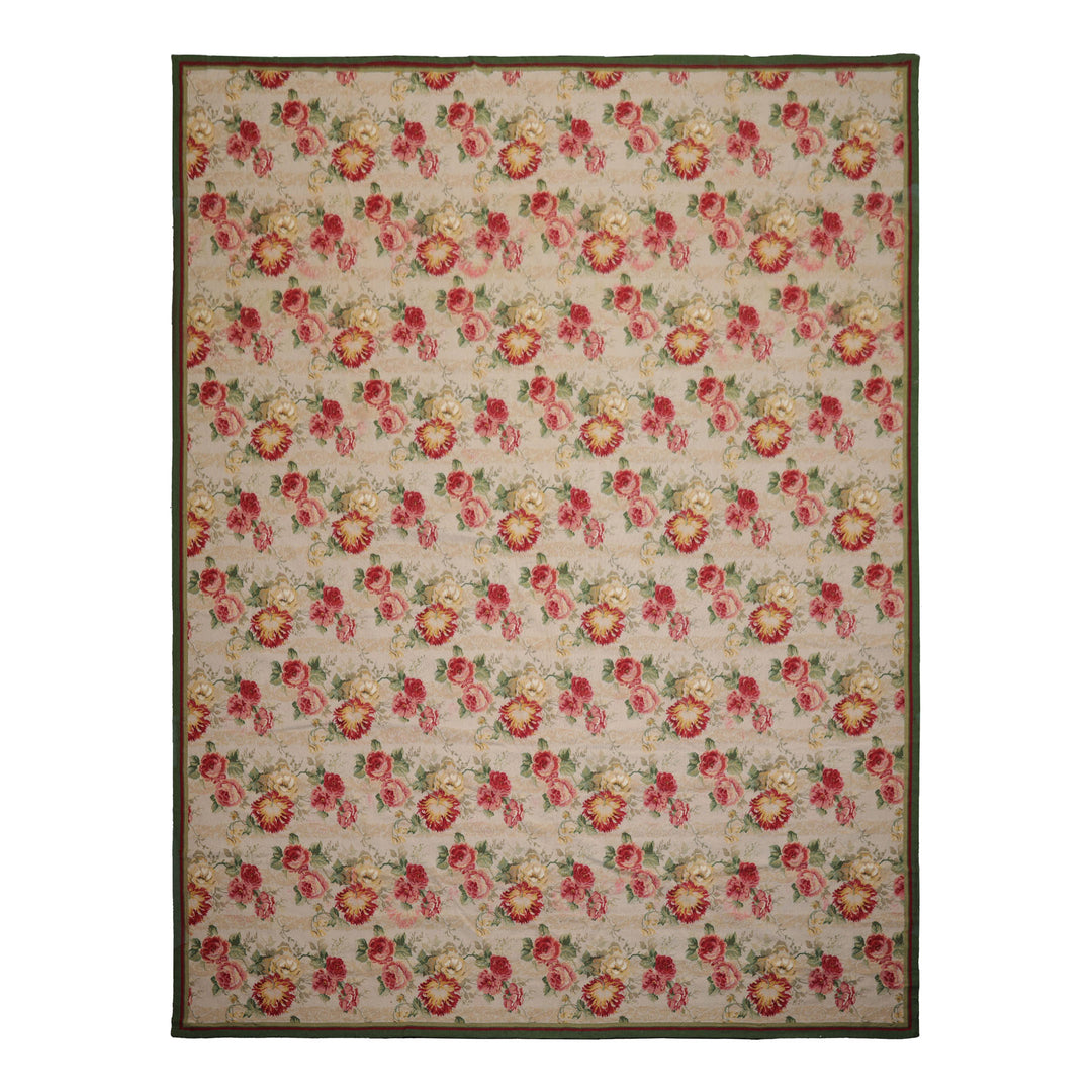 9x12 Ivory, Green, Rose Color Hand Woven French Aubusson Needlepoint Wool Modern Oriental Rug
