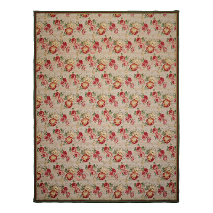 9x12 Ivory, Green, Rose Color Hand Woven French Aubusson Needlepoint Wool Modern Oriental Rug