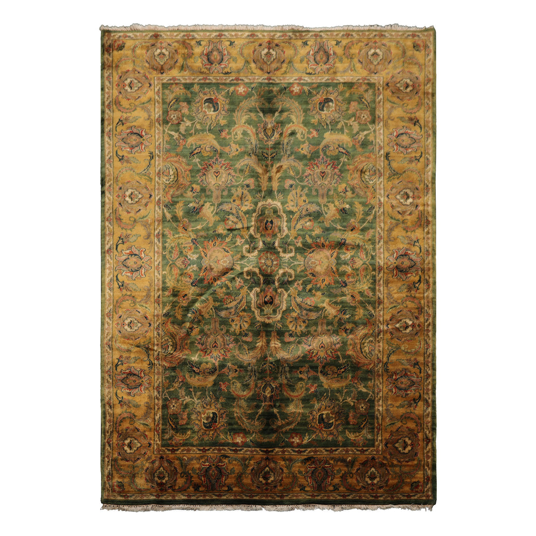 6x9 Green, Gold, Burnt Orange Color Hand Knotted Agra Wool Traditional Botanical Oriental Rug