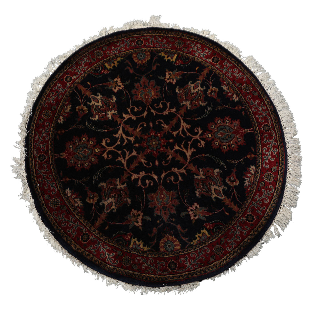 Round Midnight Blue, Burgundy, Rose Color Hand Knotted Agra New Zealand Wool Traditional Oriental Rug