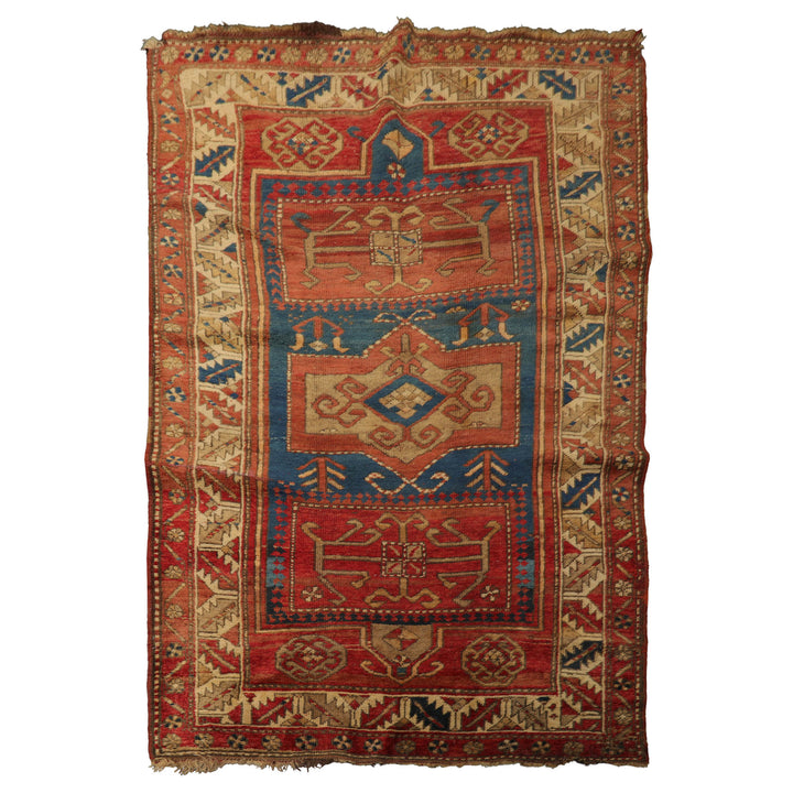 4x6 Rose, Turquoise, Ivory Color Hand Knotted Antique Kazak Wool Traditional Oriental Rug