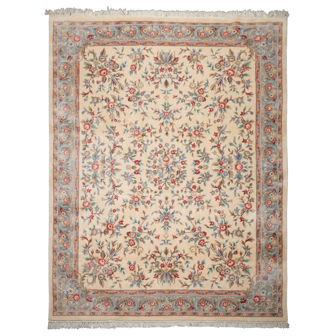 9x12 Ivory, Blue, Pink Color Hand Knotted Kerman New Zealand Wool Traditional Oriental Rug