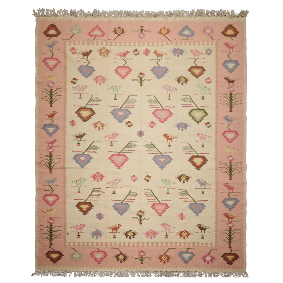 9x12 Ivory, Pink, Lavender Color Hand Woven Kilim Wool Tribal Oriental Rug