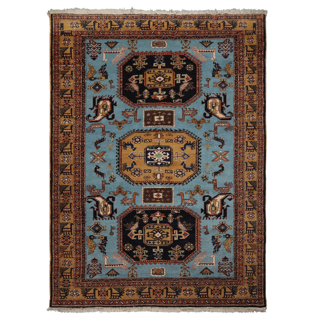 8x10 Blue, Gold, Chocolate Color Hand Knotted Kazak Wool Traditional Oriental Rug