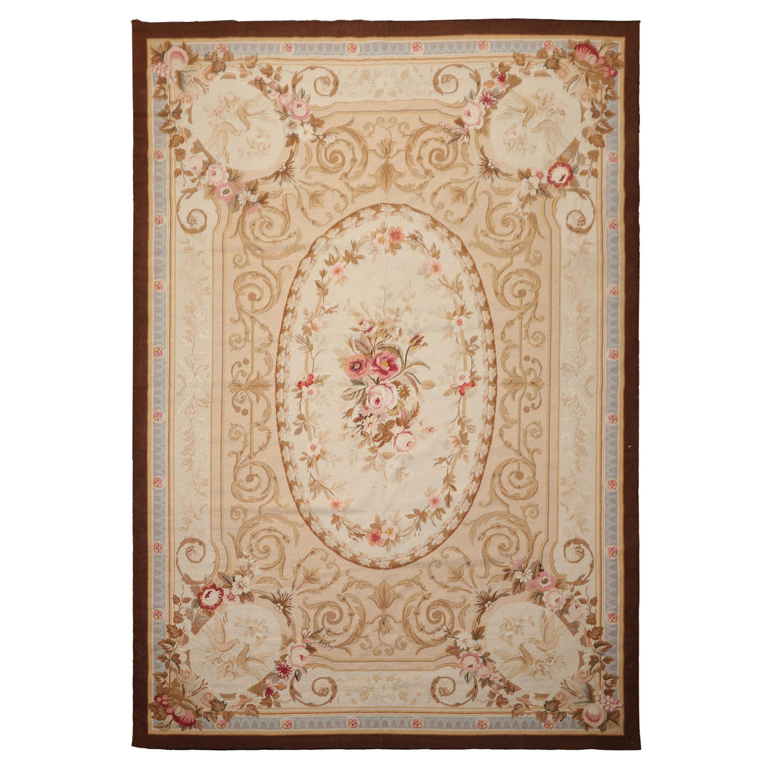 7x10 Ivory, Tan, Brown Color Hand Woven Aubusson Needlepoint Wool Traditional Oriental Rug