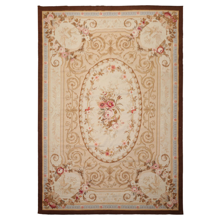 7x10 Ivory, Tan, Brown Color Hand Woven Aubusson Needlepoint Wool Traditional Oriental Rug