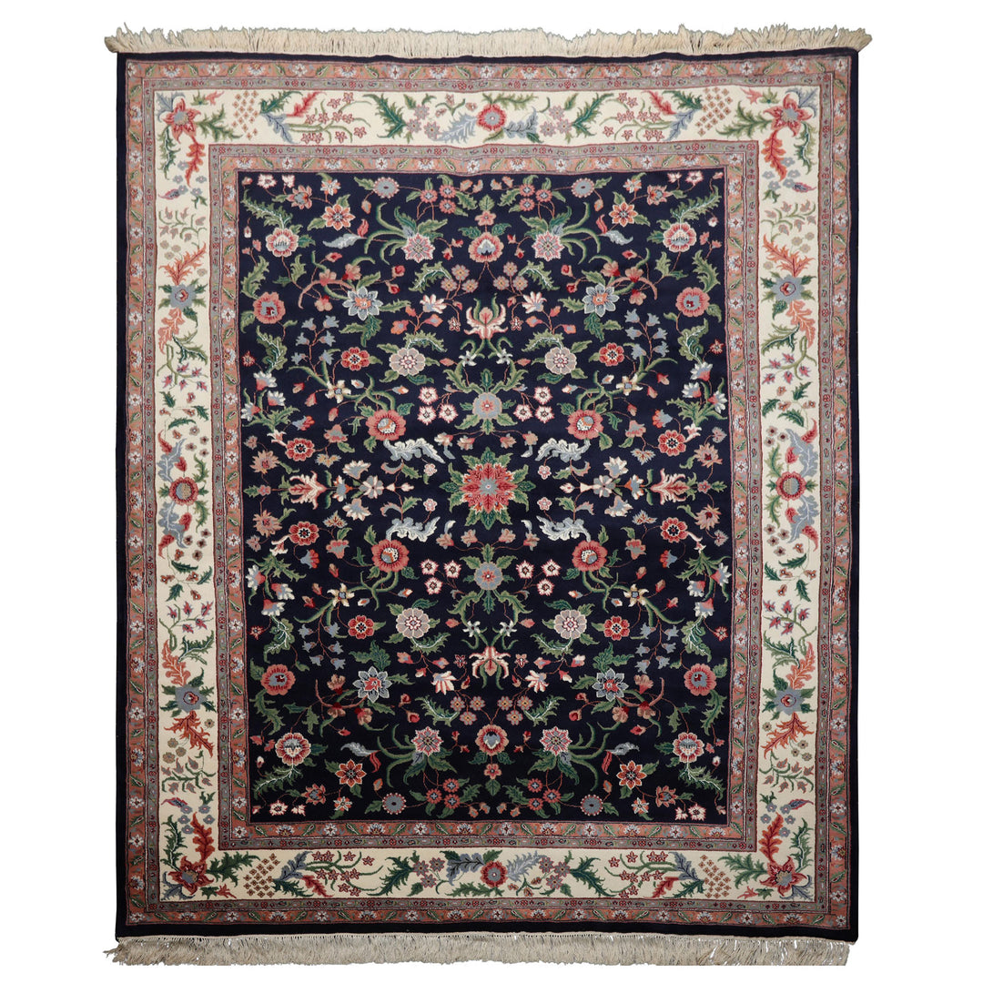 8x10 Navy, Ivory, Green Color Hand Knotted Qum New Zealand Wool Traditional Oriental Rug