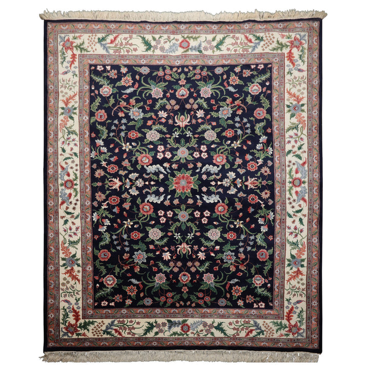 8x10 Navy, Ivory, Green Color Hand Knotted Qum New Zealand Wool Traditional Oriental Rug