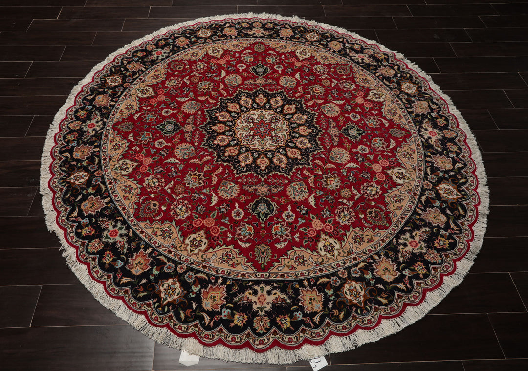 Round Fuschia, Midnight Blue, Ivory Color Hand Knotted Tabriz Round Wool & Silk Traditional Oriental Rug