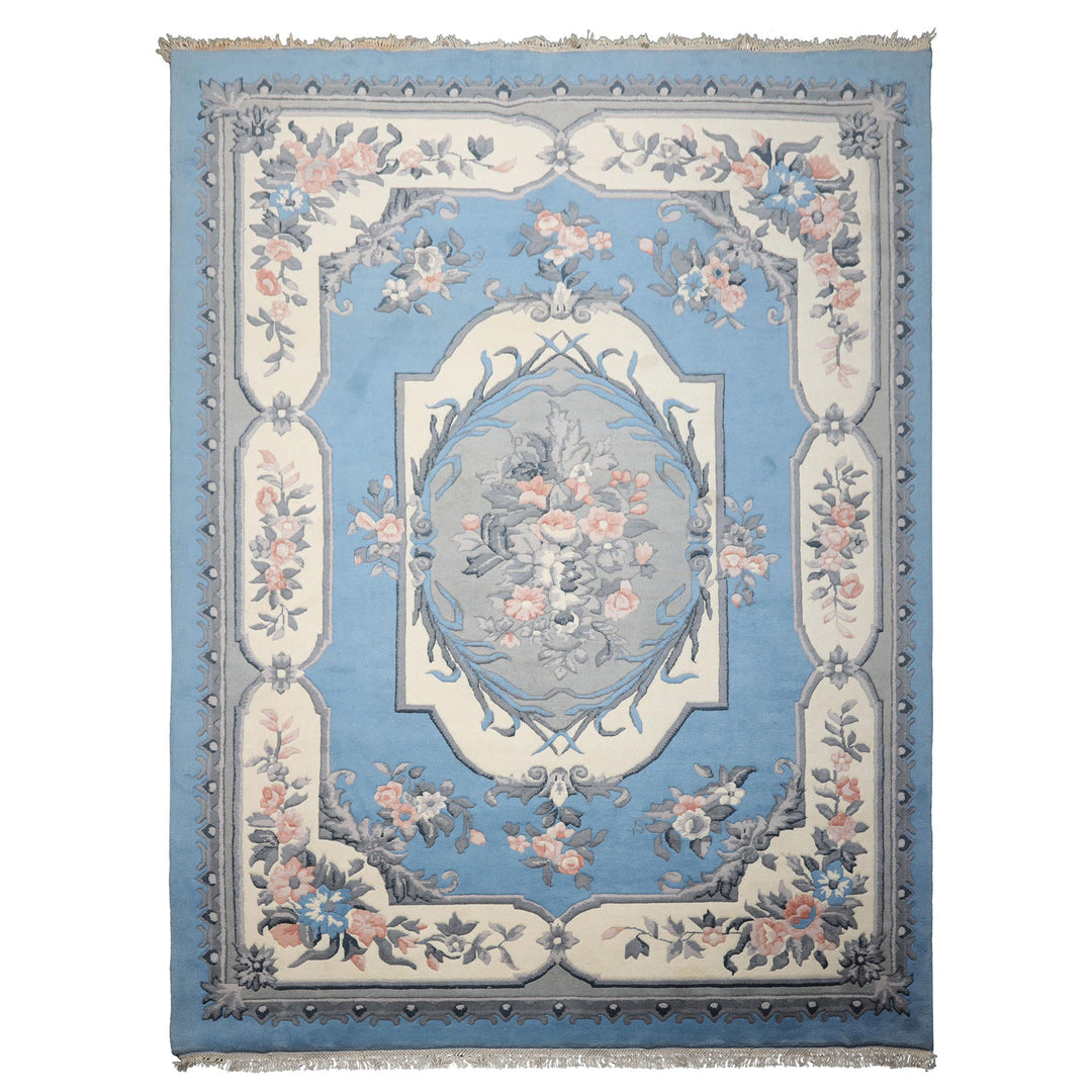 9x12 Blue, ivory, Gray Color Hand Knotted French Aubusson Savonnerie New Zealand Wool Traditional Oriental Rug