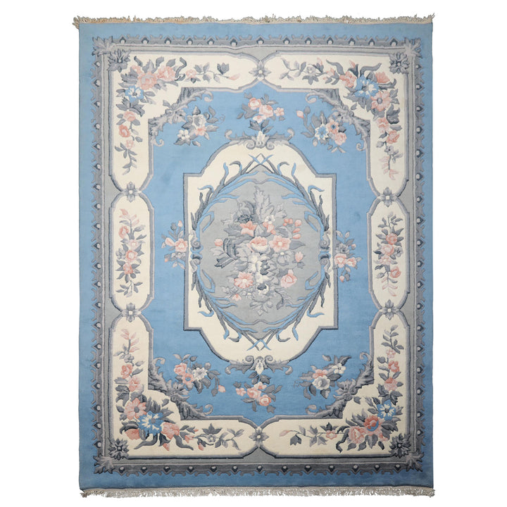 9x12 Blue, ivory, Gray Color Hand Knotted French Aubusson Savonnerie New Zealand Wool Traditional Oriental Rug