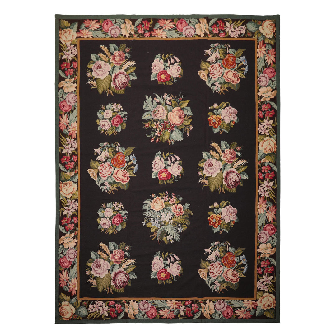 9x12 Charcoal, Ivory, Gold Color Hand Woven Aubusson Needlepoint Wool Traditional Oriental Rug