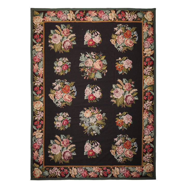 9x12 Charcoal, Ivory, Gold Color Hand Woven Aubusson Needlepoint Wool Traditional Oriental Rug
