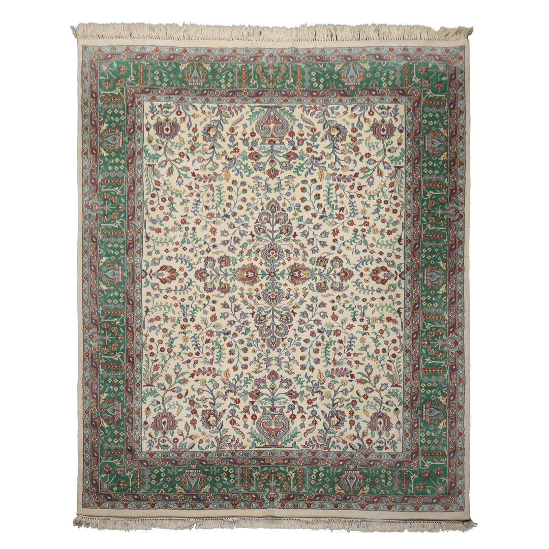 8x10 Ivory, Green, Taupe Color Hand Knotted Kashan New Zealand Wool Traditional Oriental Rug