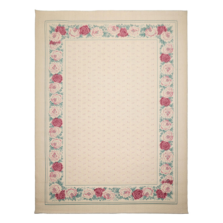 8x11 Ivory, Aqua, Rose Color Machine Made Loop Pile New Zealand Wool Transitional Oriental Rug