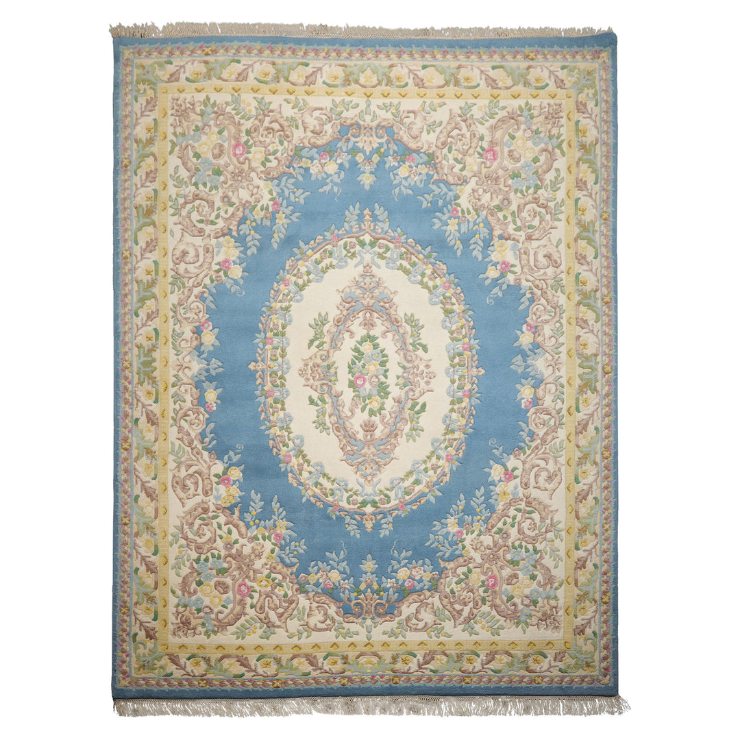 9x12 Blue, Ivory, Gold Color Hand Knotted French Aubusson Savonnerie New Zealand Wool Traditional Oriental Rug