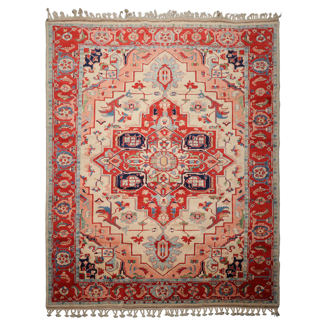 8x10 Ivory, Burnt Orange, Navy Color Hand Knotted Serapi New Zealand Wool Traditional Oriental Rug