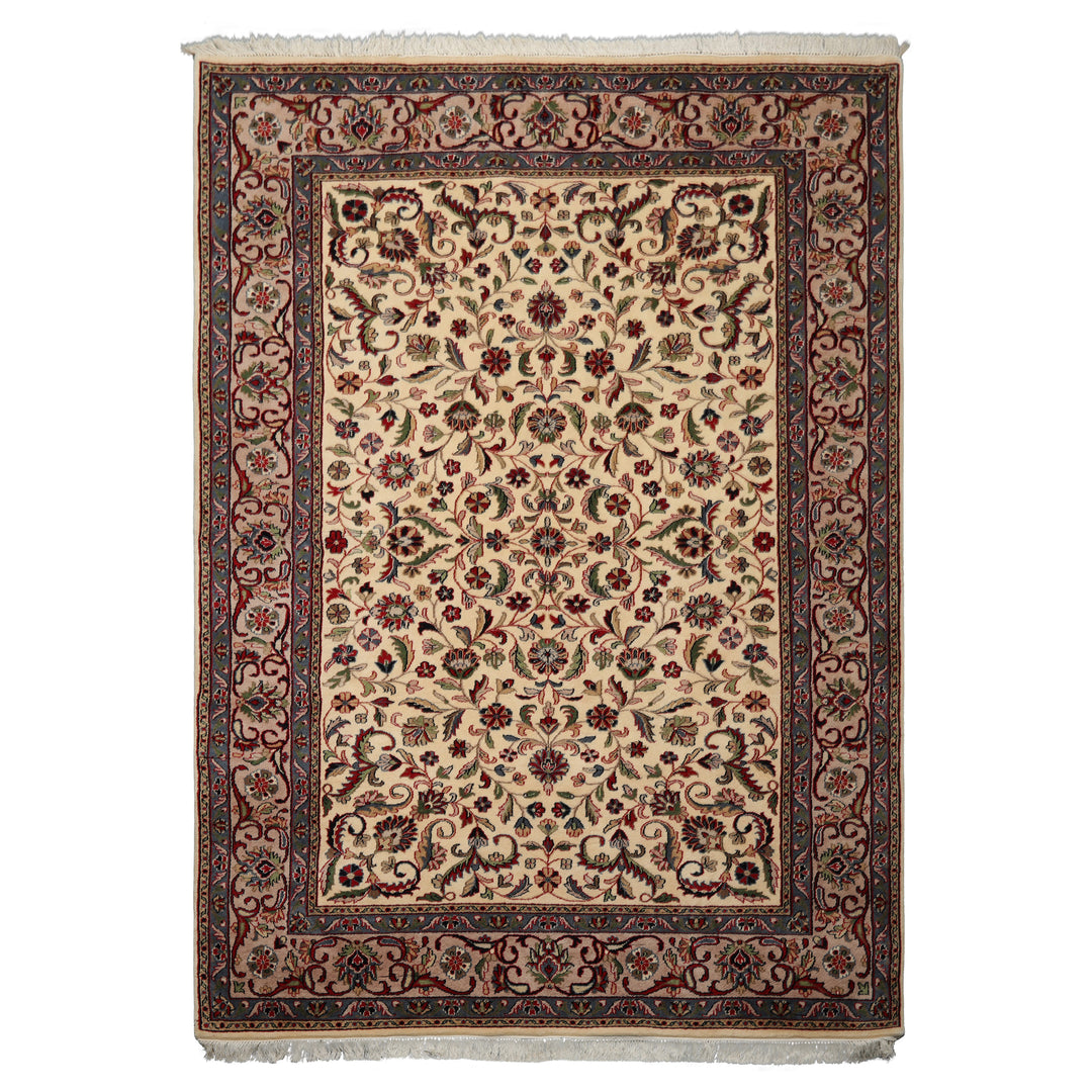6x9 Ivory, Taupe, Red Color Hand Knotted Agra New Zealand Wool Traditional Oriental Rug