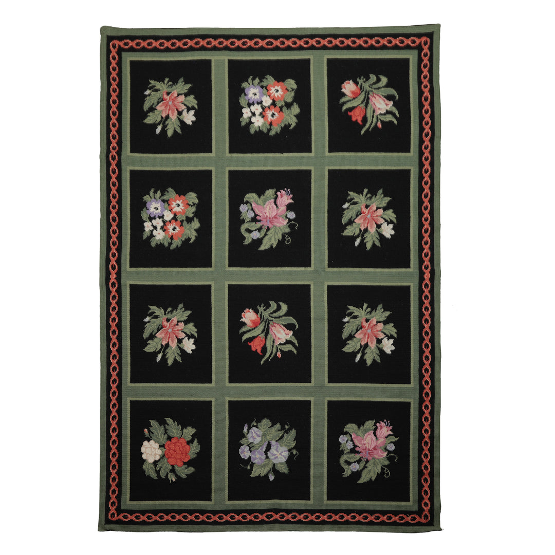6x9 Black, Green, Rose Color Hand Woven Portugese Needlepoint Wool Traditional Oriental Rug