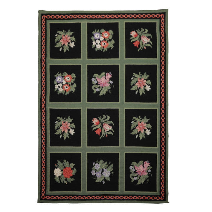 6x9 Black, Green, Rose Color Hand Woven Portugese Needlepoint Wool Traditional Oriental Rug
