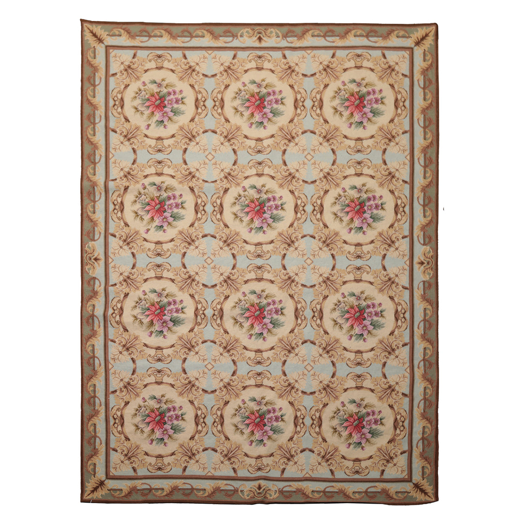 6x8 Aqua, Beige, Tan Color Hand Woven Aubusson Needlepoint Wool Traditional Oriental Rug