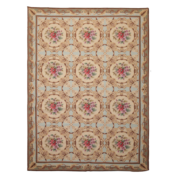 6x8 Aqua, Beige, Tan Color Hand Woven Aubusson Needlepoint Wool Traditional Oriental Rug