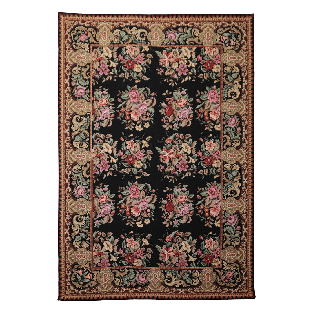 6x9 Black, Brown, Beige Color Hand Woven Aubusson Needlepoint Wool Traditional Oriental Rug