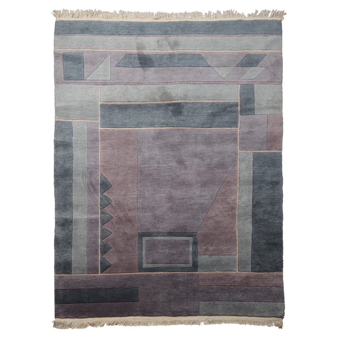 5x7 Gray, Blue, Aubergine Color Hand Knotted Tibetan New Zealand Wool Contemporary Oriental Rug