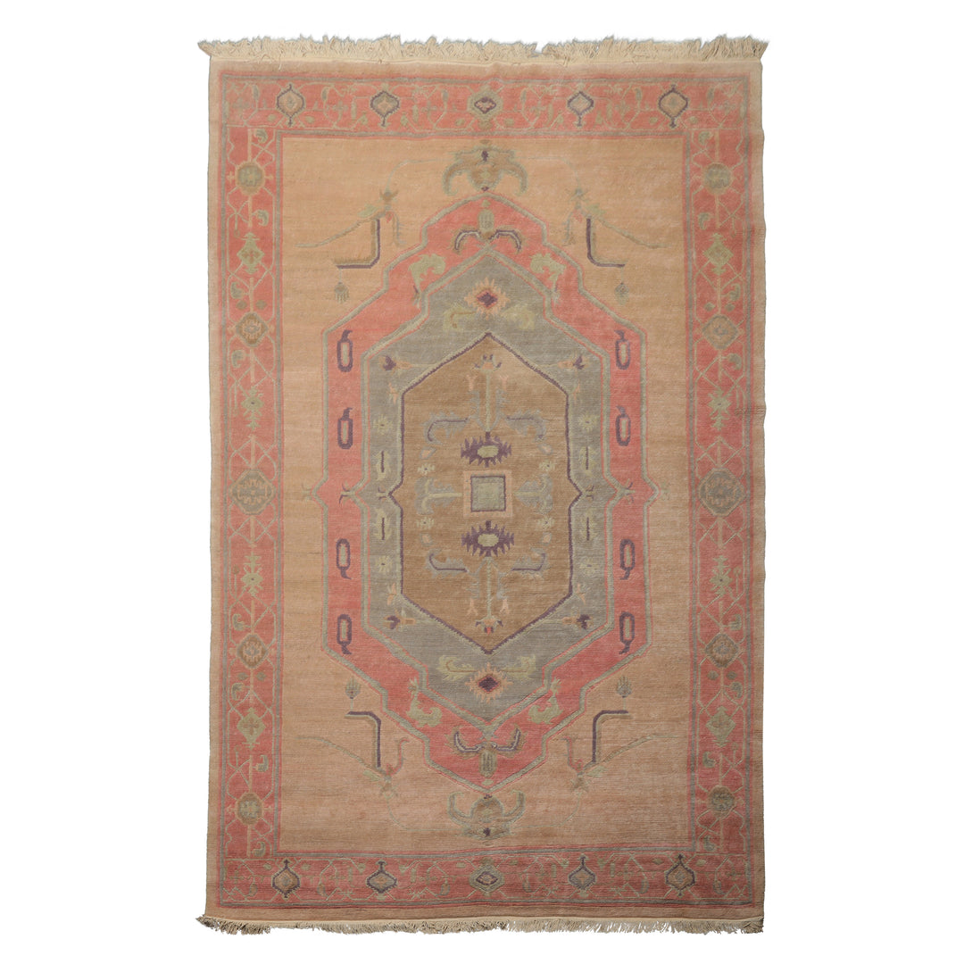 6x10 Faded Peach, Blush, Aqua Color Hand Knotted Tibetan Wool Traditional Oriental Rug