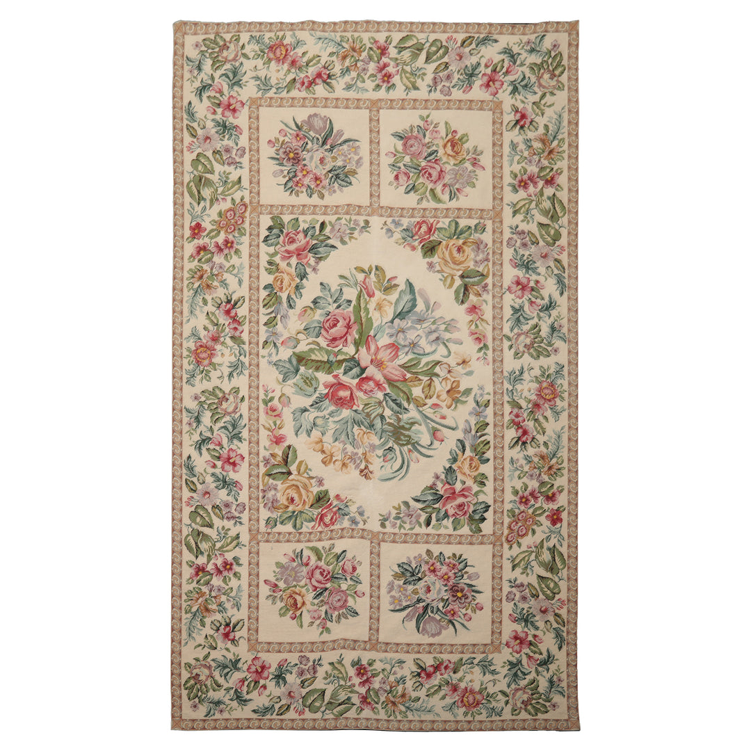 6x10 Ivory, Aqua, Rose Color Hand Woven Aubusson Needlepoint Wool Traditional Oriental Rug